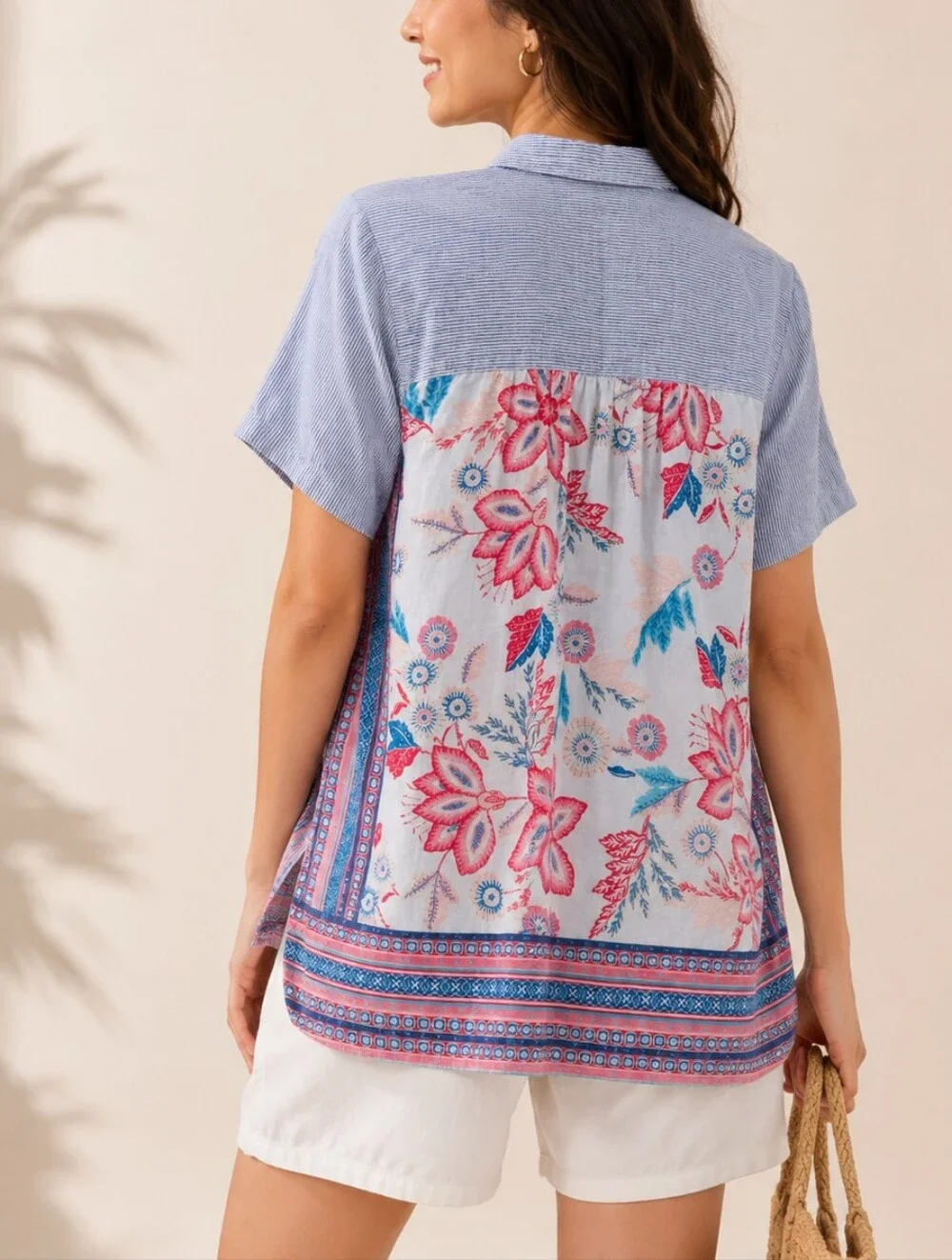 J.Jill Coastal Linen Striped Button Front Shirt with Printed Back Detail